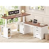SEDETA Farmhouse L Shaped Standing Desk with Storage for Home Office, White | 63" x 67" Height Adjustable Desk, Convertible L Shaped Desk or 2 person Desk, Computer Desks with Power Outlet