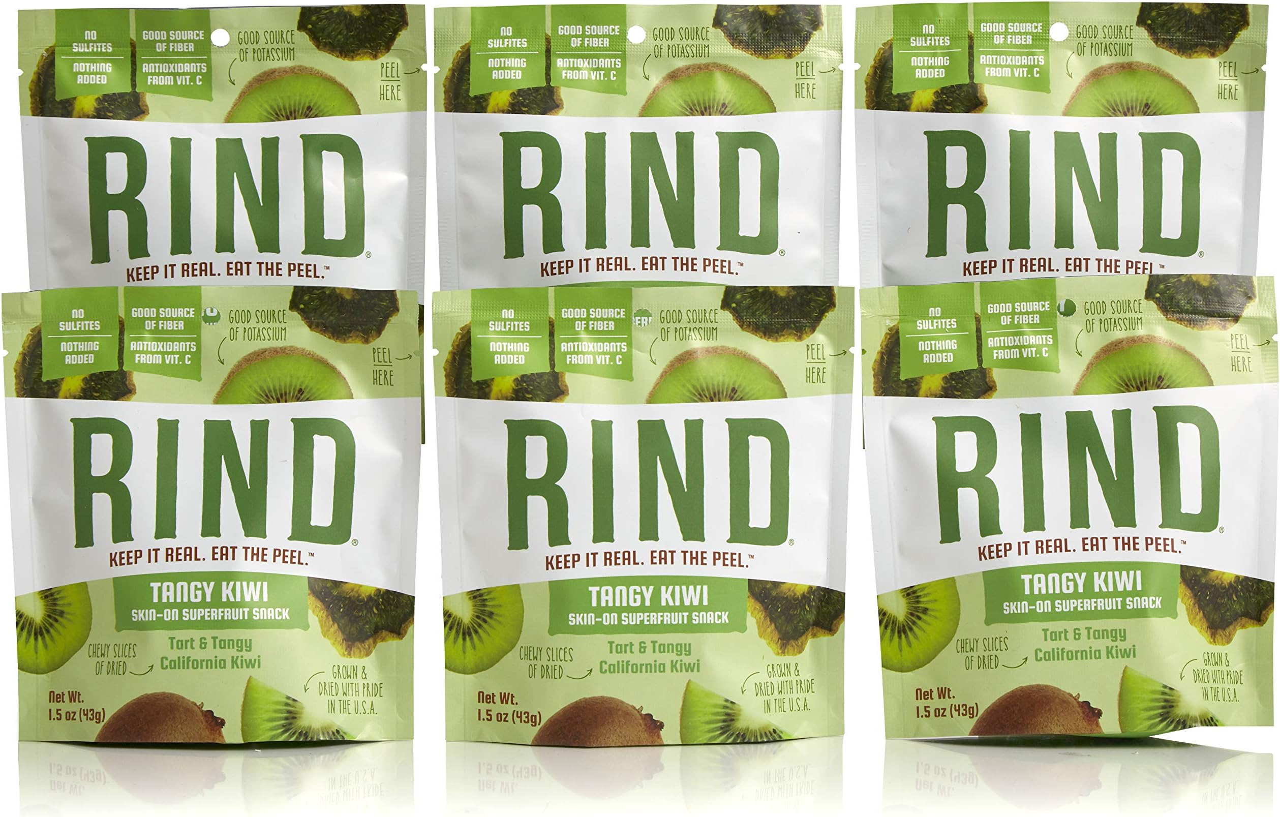 RIND Snacks Tangy Kiwi Sun-Dried Skin-On Superfruit Snack, High Fiber, No Sulfites, Antioxidants from Vitamin C, Non-GMO, Gluten-Free, 1.5oz Single Serve Pouch, Pack of 6