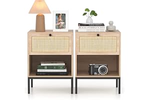 XIAO WEI Rattan Nightstand Set of 2 with Handmade Natural Rattan Drawer, Bedside Tables, Accent End Table, Boho Night Stand for Bedroom, Living Room, Metal Legs Small