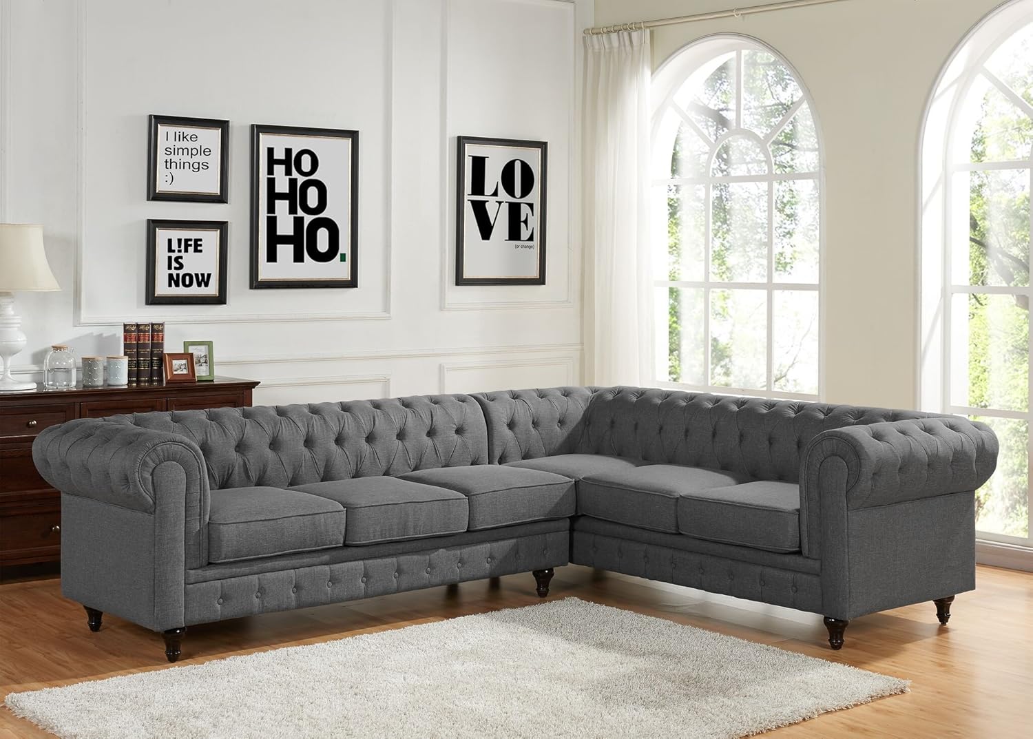Container Furniture Direct Shonda Fabric Upholstered Button-Tufted Two (2) Piece SECTIONAL Sofa & Left-Facing Chaise, Grey, Dark Grey: Furniture & Decor