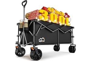 Uyittour 300L Extra Large Collapsible Foldable Wagon, 440lbs Load Capacity 48''L Extended Heavy Duty Folding Beach Wagon with Big All-Terrain Wheels, Utility Garden Cart for Outdoor Activities, Black