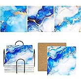 Blue Absorbent Ceramic Coasters for Drinks with Black Holder and Cork Base Set of 4, Square Decorative Coffee Table Decor for House Warming Gifts New Home