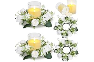 YMDOBIGER Artificial Rose Candle Rings with LED Flameless Candles - 2 Sets Flower Eucalyptus Wreaths for Wedding Centerpieces Pillar Candleholders Tabletop Decorations, White
