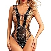 Jmeralara Women's Sexy Fishnet Lingerie Set - Super Stretch Sheer Mesh Teddy Bodysuit with Sparkling Rhinestones, One Size Black