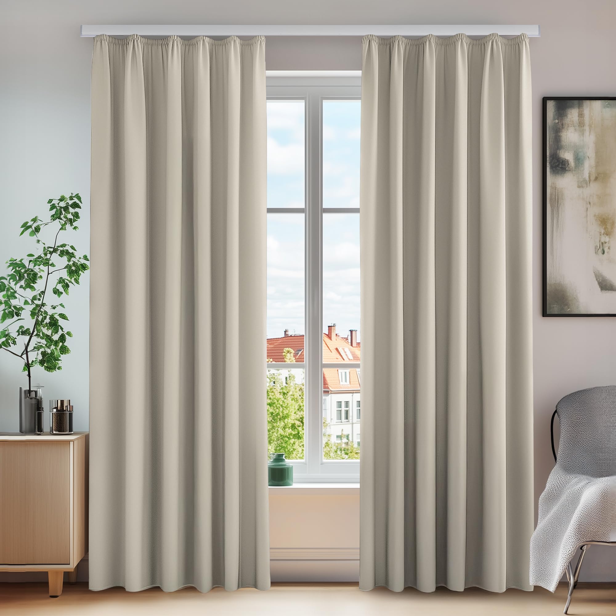 Deconovo Energy Saving Solid Pencil Pleat Curtains Thermal Insulated Curtains Room Darkening Drapes for Bedroom W55 x L54 Inch Light Beige 2 Panels