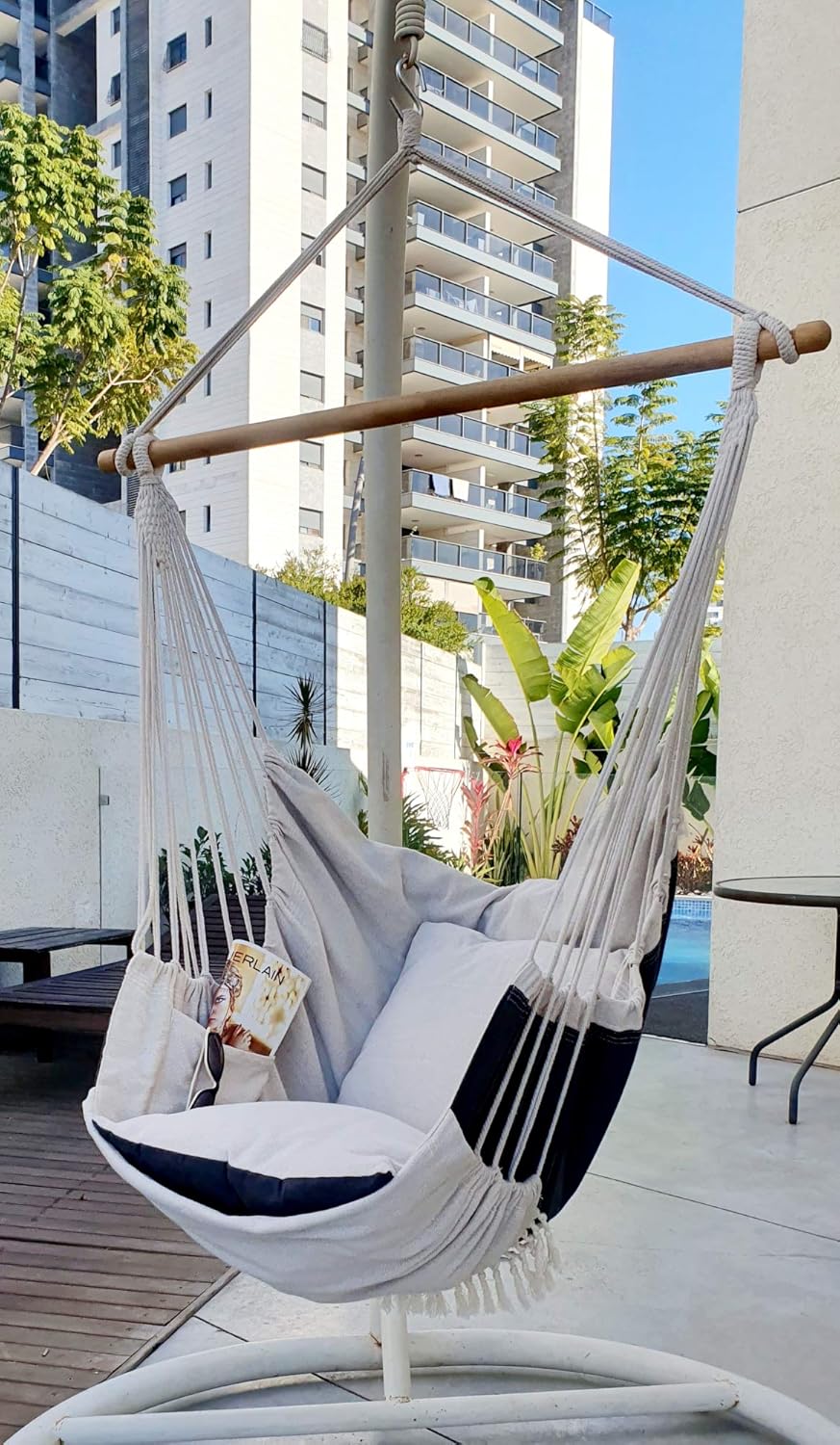 Bdecoru Hanging Hammock Chair Large Swing Chair | Sitting and Reclining Positions | 2-Layer Fabric for Extreme Durability | 2-Tone Beige and Gray Plus 2 Cushions and Side Pocket | Indoor/Outdoor Use: Furniture & Decor