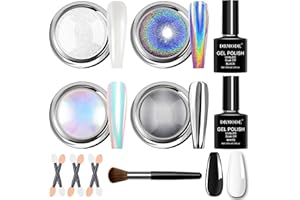 DRMODE Chrome Nail Powder for Women - White Pearl Nail Chrome Powder, Aurora Mermaid Iridescent Chromes Powder, Holographic Unicorn Rainbow Nails Powder, Sliver Metallic Mirror Effect Nail Glitter Manicure