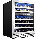 Phiestina 24 Inch Under Counter Wine Cooler - 46 Bottle Built-In Dual Zone Compressor Wine Refrigerator for Red & White Wines
