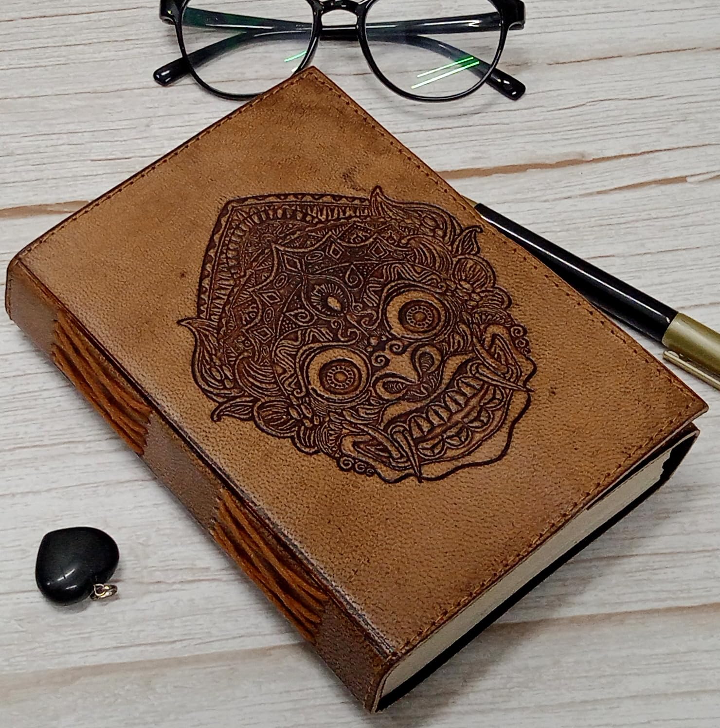 Purpledip Leather Journal 'The Demon': Vintage Aztec Mayan Or Balinese Design Diary Notebook (12584)