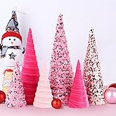 6 Pcs 12" 10" 6" Pink Valentines Cone Tree Decorations Velvet Pink Glitter Table Decor Flocked Farmhouse Tiered Tray Ornament Valentines Xmas Tree for Home Holiday Entryway Tabletop Centerpiece Decor