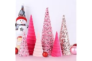 YLOLUL 6 Pcs 12" 10" 6" Pink Valentines Cone Tree Decorations Velvet Pink Glitter Table Decor Flocked Farmhouse Tiered Tray Ornament Valentines Xmas Tree for Home Holiday Entryway Tabletop Centerpiece Decor
