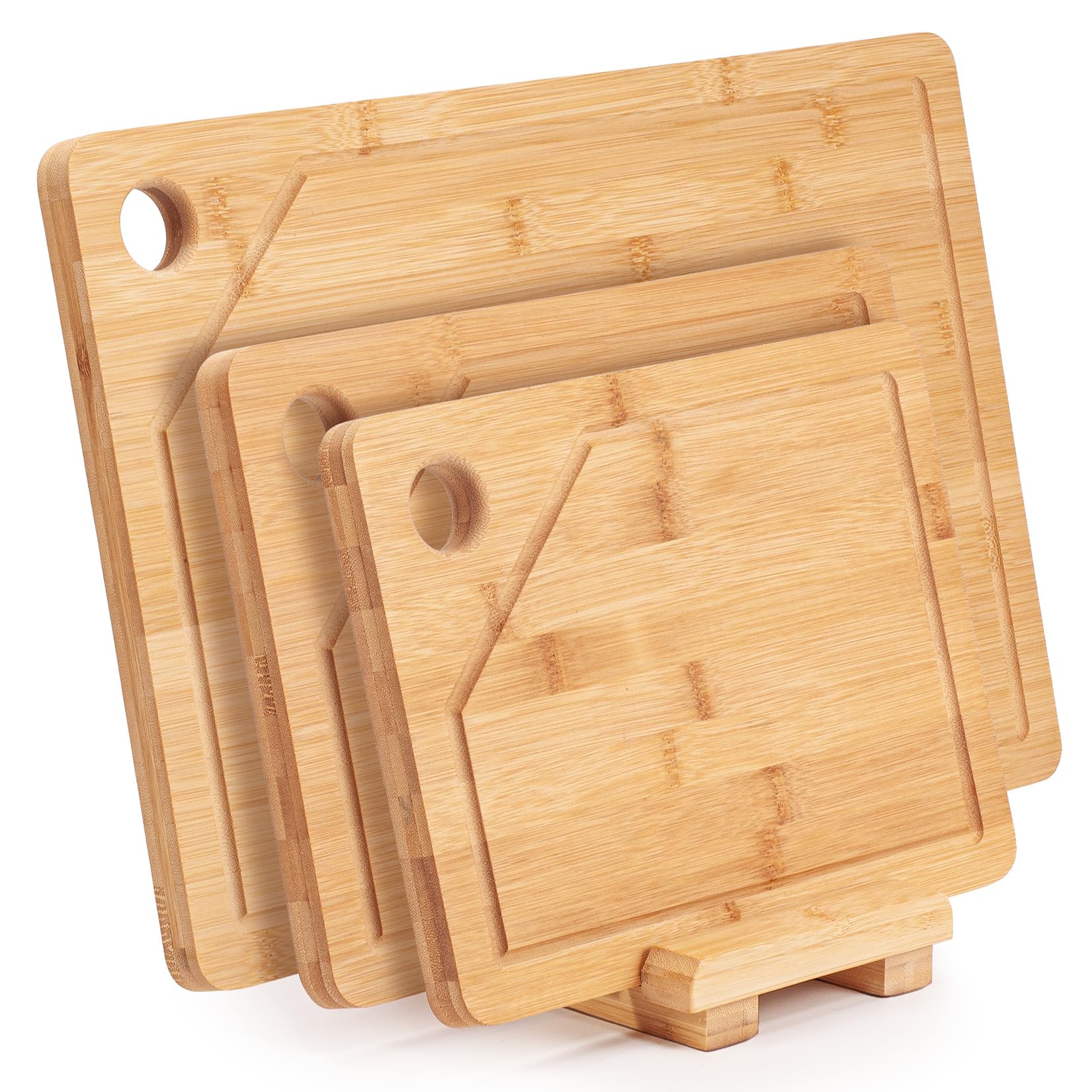 Woodluv Set of 3 Chopping Boards with Stand Cutting Board Set Serving Chopping Board Trio with Juice Grooves, 45 x 30 x 1.8 cm, 33 x 23 x 1.8 cm and 28 x 21 x 1.8 cm