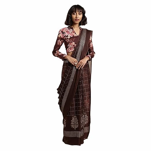 Womanista crepe with blouse piece Saree (TI1125_ Brown_ Free Size)