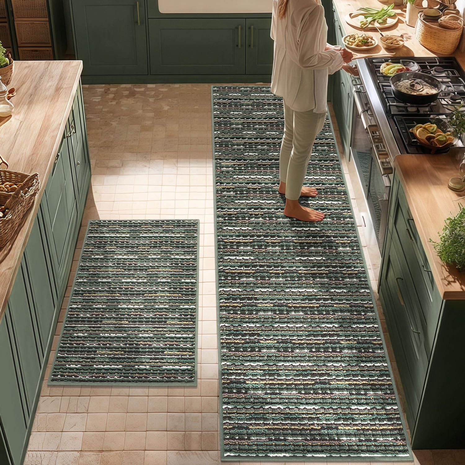 Photo 1 of Kitchen Rugs Sets of 2-Non Slip Kitchen Mats for Floor-Thick Stain Resistant Vintage Kitchen Floor Mat Runner Carpet for Hallways Entryway Laundry Room Washable?Green 24"x70"+24"x35"?