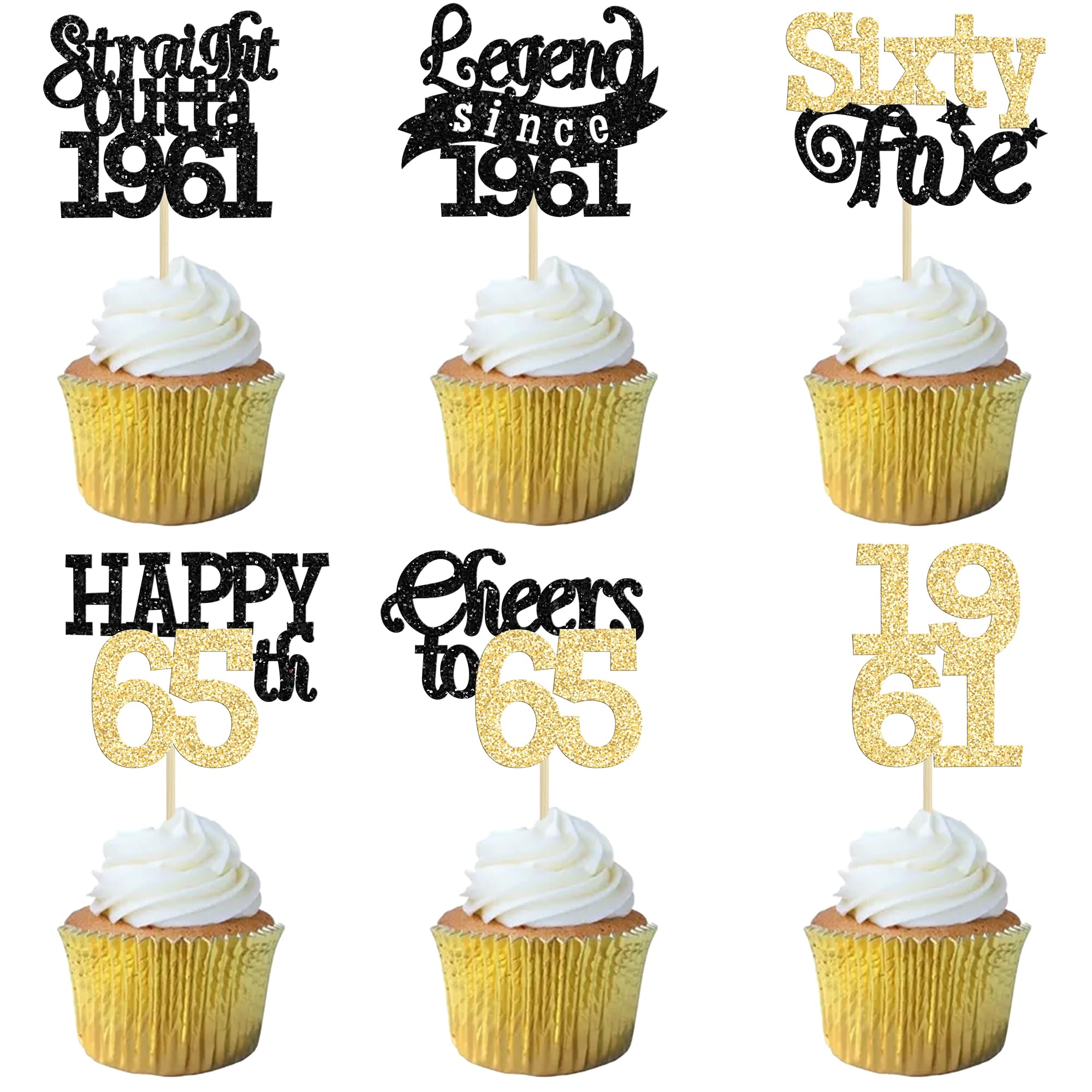 Gyufise 24Pcs Happy 65th Birthday Cupcake Toppers Hello Sixty Five Legend Since 1961 Cupcake Picks Cheers to 65 Years Cake Decorations for 65th Birthday Anniversary Party Supplies Black Gold