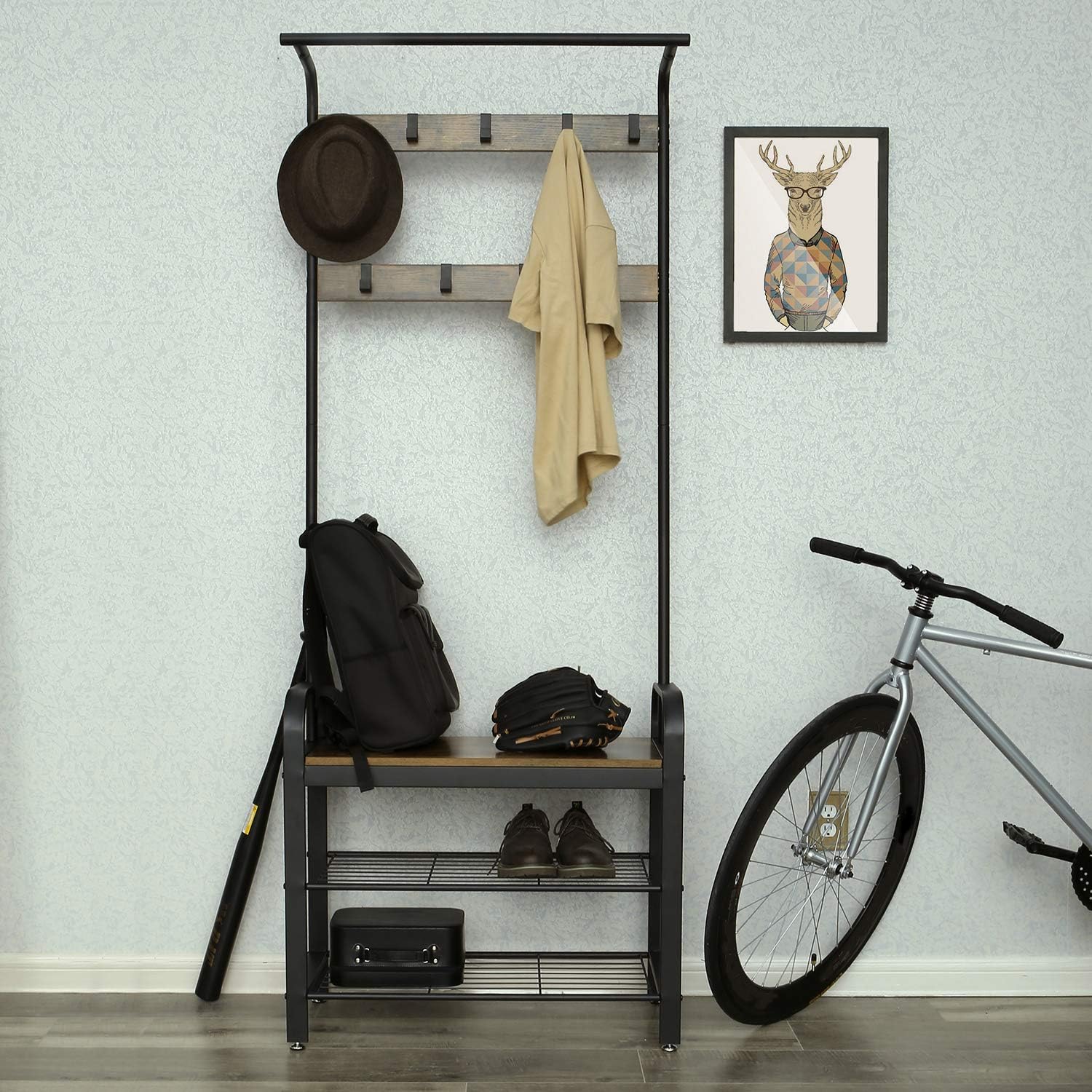 VASAGLE DAINTREE Coat Rack, Shoe Bench, Hall Tree with Storage Shelf for Entryway, Industrial Accent Furniture with Steel Frame, 3-in-1 Design, Easy Assembly, Rustic Brown and Black UHSR40B: Kitchen & Dining