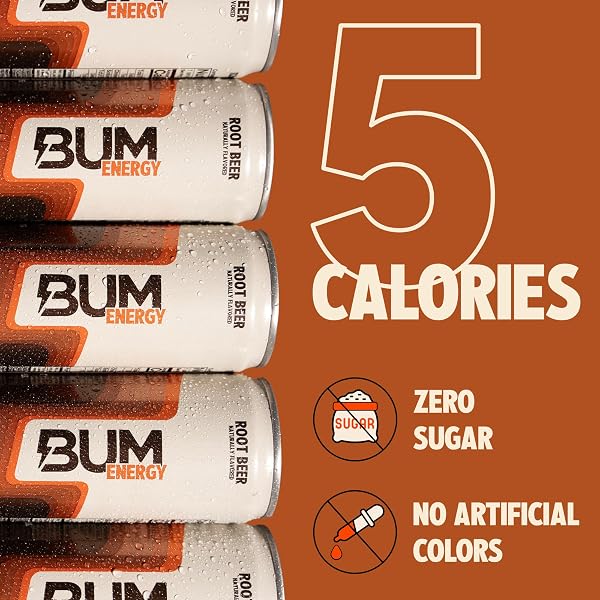 BUM SUGAR-FREE ENERGY DRINK, ROOT BEER – LIGHTLY CARBONATED & NO ARTIFICIAL COLORS, NATURAL CAFFEINE & CITICOLINE FOR ENERGY & FOCUS, BRAIN BOOST & WORKOUT SPORTS BEVERAGE – 12 OZ, PACK OF 12