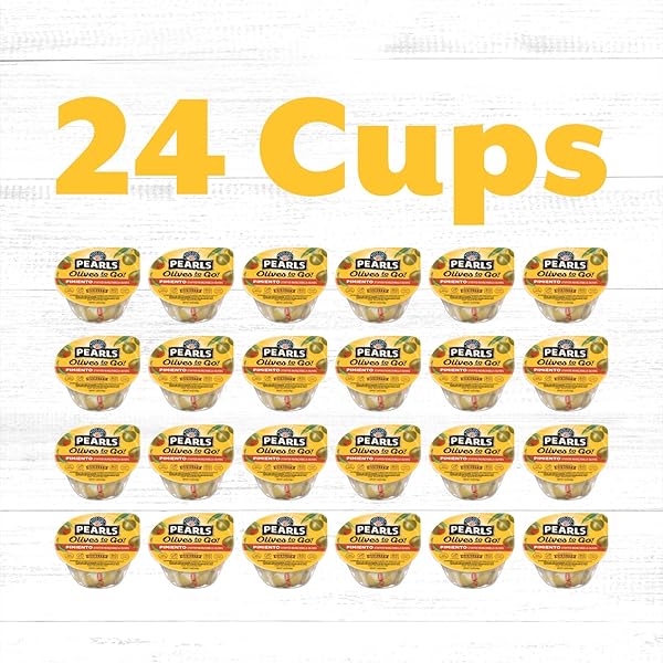 PEARLS OLIVES TO GO! PIMIENTO STUFFED MANZANILLA OLIVES, 1.6OZ INDIVIDUAL SNACK CUPS, 24 PACK, CALIFORNIA GROWN, NON-GMO, GLUTEN-FREE, LIQUID-FREE CUP, EASY OPEN, READY-TO-EAT OLIVE SNACKS