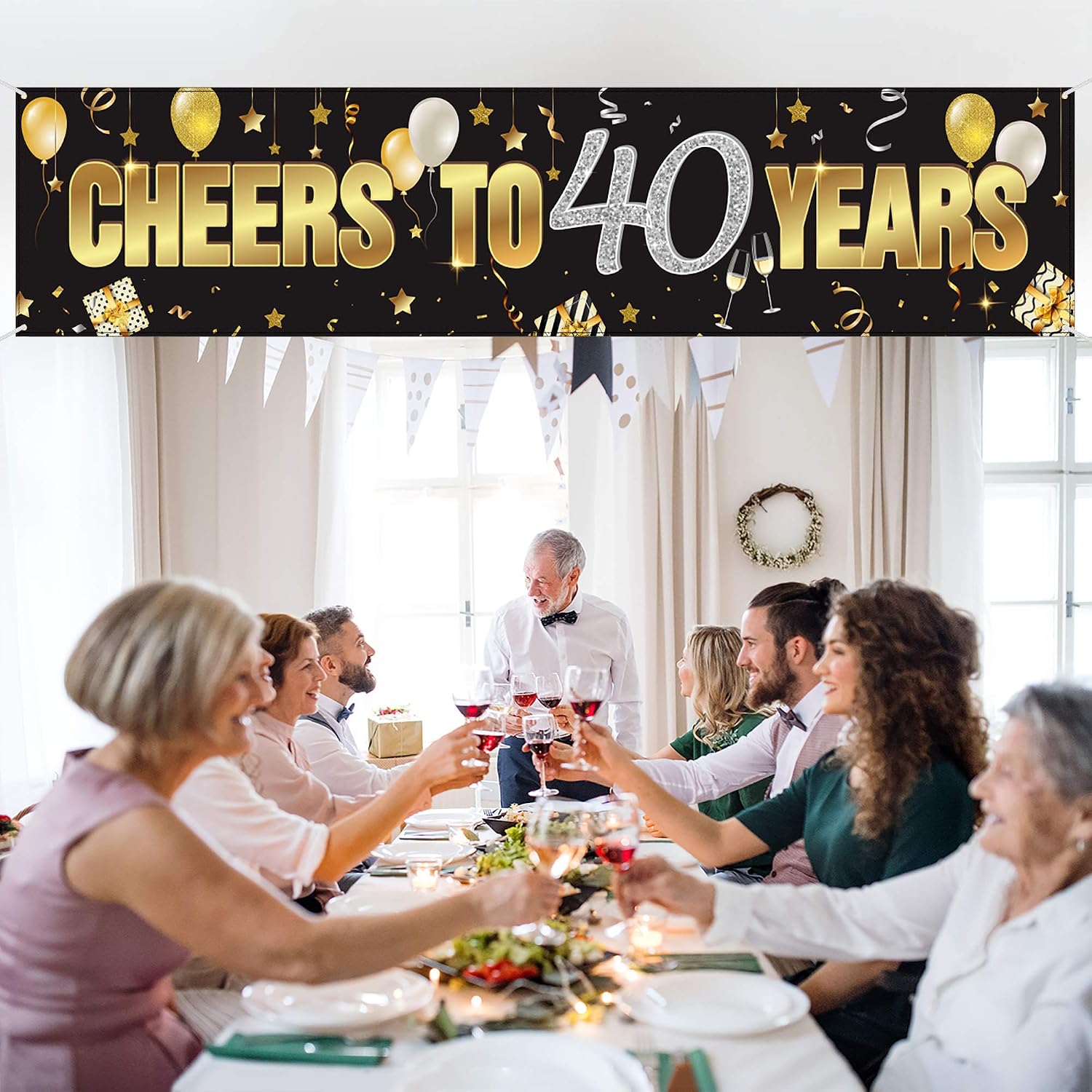 Happy 40th Birthday Banner – Gold Glitter 'Cheers To 40 Years' Sign For Party Decor (70.9x15.7 Inches)