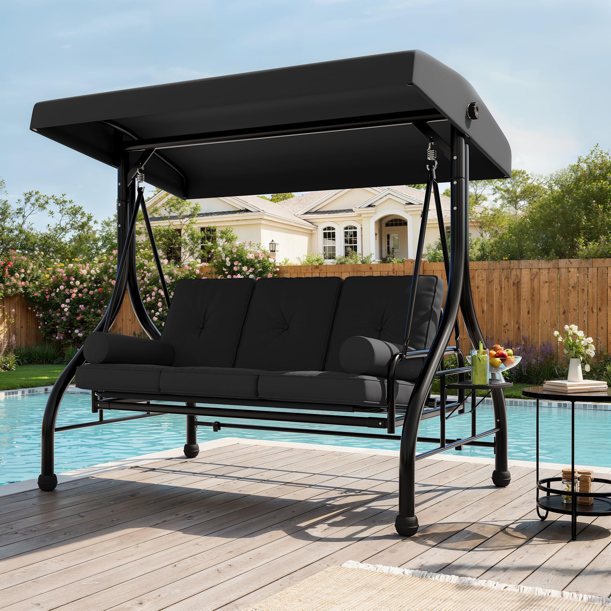 Photo 1 of ** MISSING PARTS / uSED **Outdoor Porch Swing with Adjustable Canopy, 3-Seat Patio Swing Chair with Stand, 800LBS Heavy Duty Outdoor Swing for Adults with Cup Holder Tray, Cushion & Pillows, Patio Swings with Canopy for Garden
