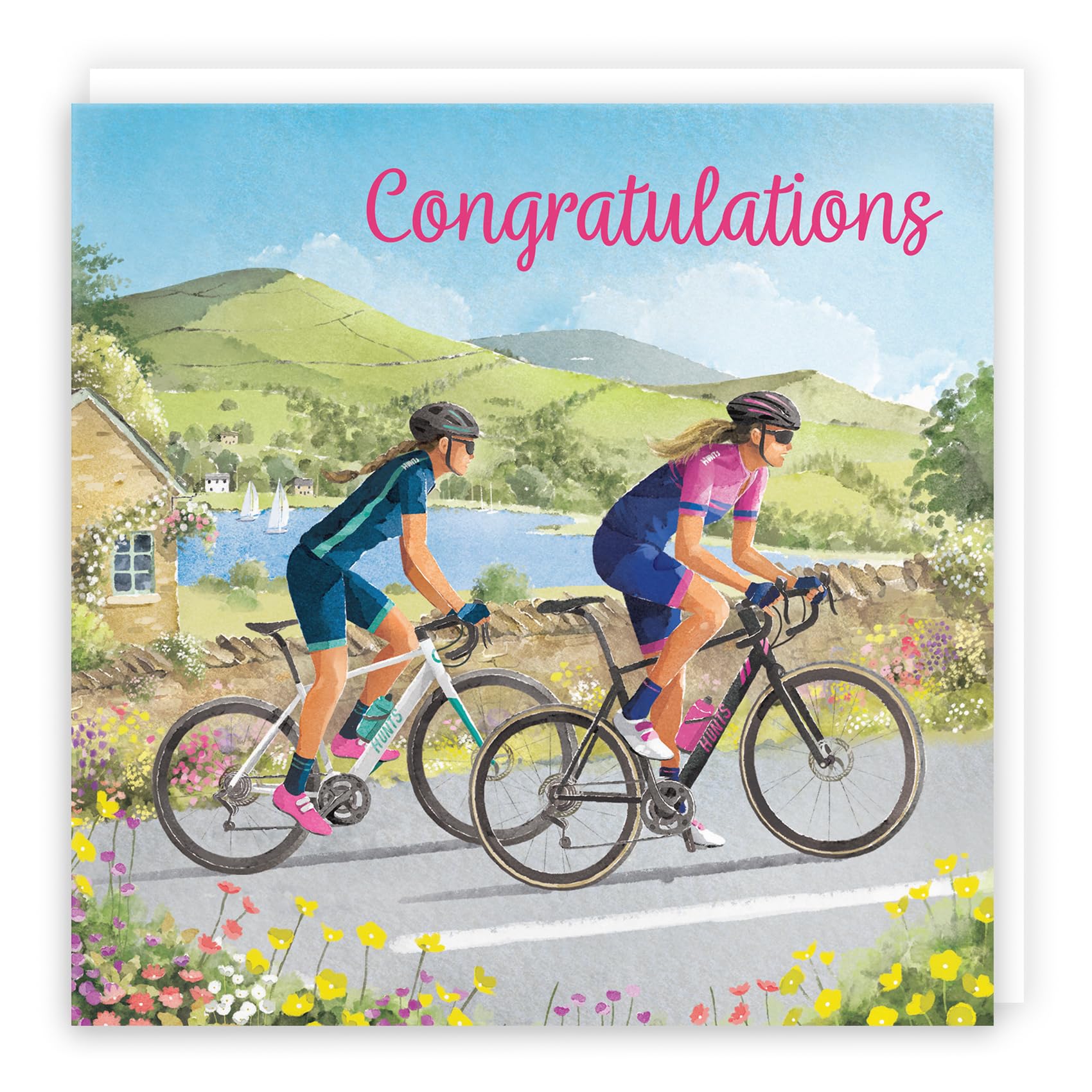Hunts England - Cycling Fun Congratulations Card For Her - Milo's Gallery - Female Cyclist Congratulations Card - Well Done Card For Exams, Promotion, Driving Test, Graduation, etc.