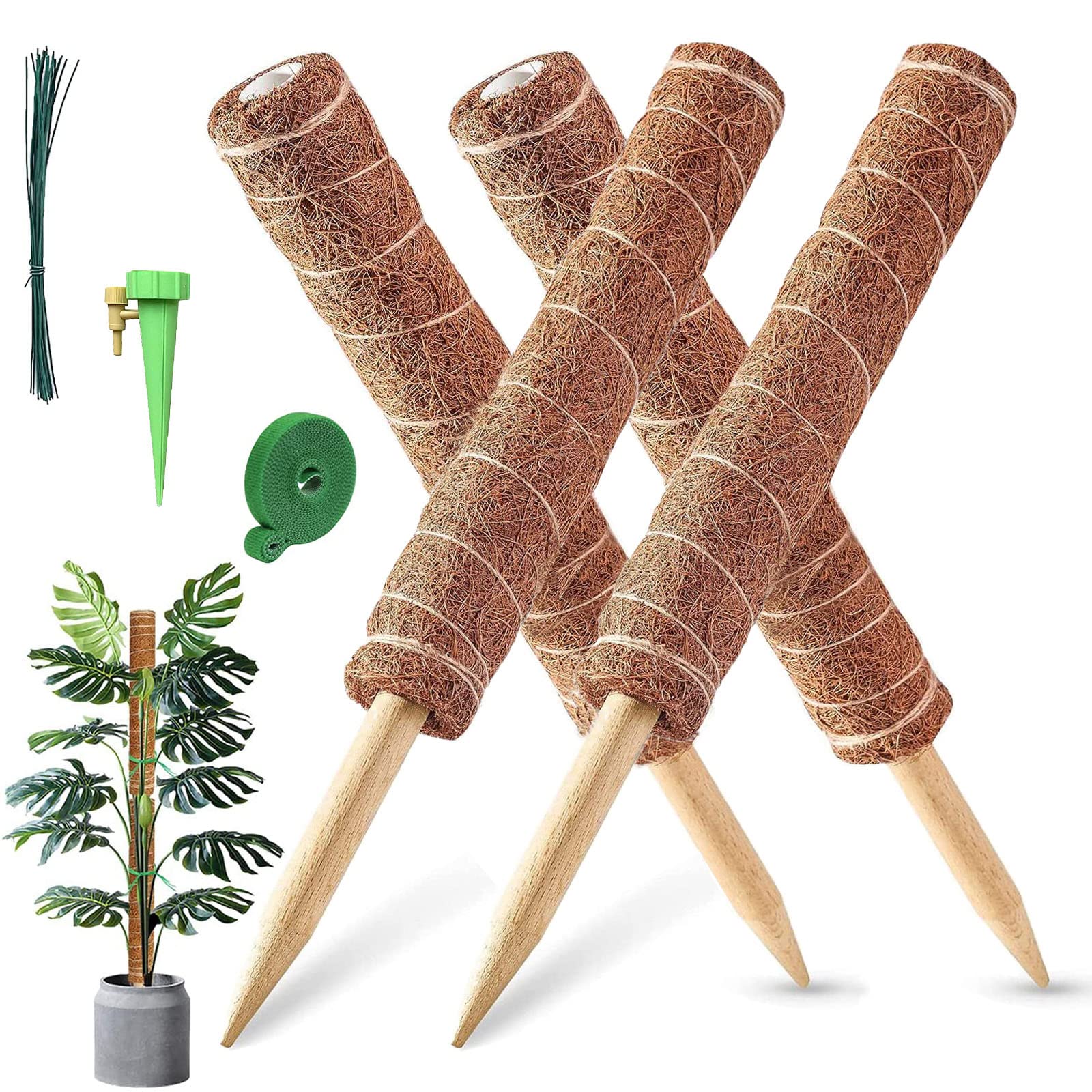 MABUSIYI Moss Pole, 4PCS 40CM/16inches Coir Moss Pole for Monstera & Cheese Plant, Plant Stands Indoor with 1 Plant Self Watering Spikes, 20 Cable Ties and 2M Garden Ties (4PCS Moss Poles)