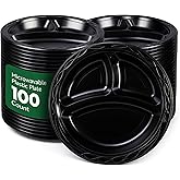 RW Base 10.4 Inch Microwavable Food Plates, 100 Round Plastic Plates - 3 Compartments, Disposable, Black Plastic Dinner Plates, Serve Hot And Cold Foods, For Restaurants And Cafes - Restaurantware