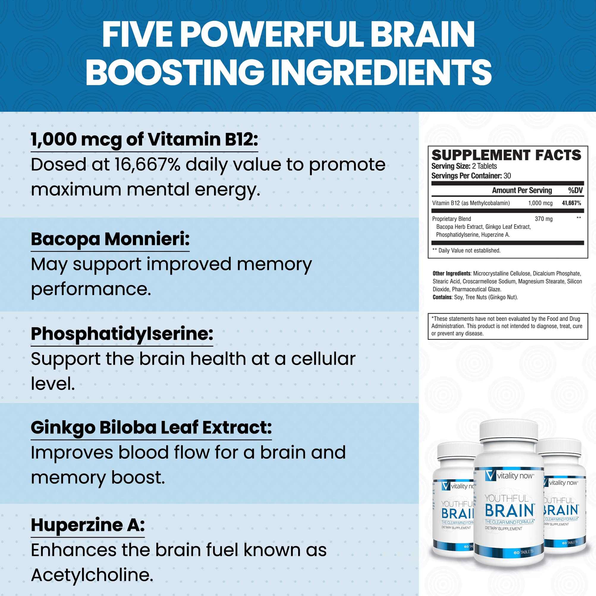Vitality Now Youthful Brain 4 Bottle Bundle - Memory & Brain Health Support Supplement - Brain Booster Clarity with Bacopa Monnieri, Ginkgo Biloba, B12-120-Day Supply (240 Count)