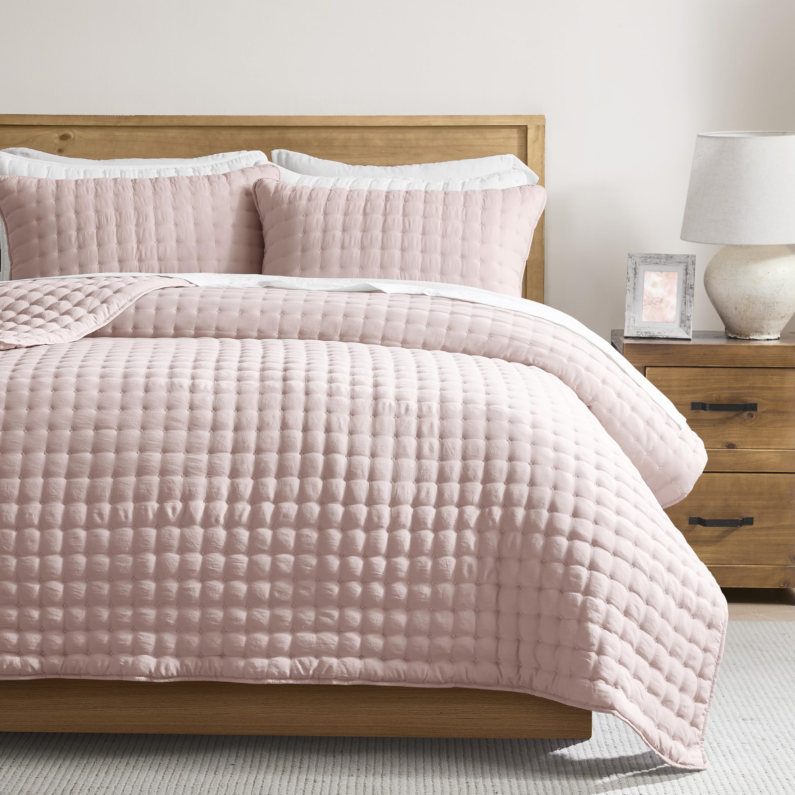 Photo 1 of WDCOZY Pink Queen Size Quilt Bedding Sets with Pillow Shams, Lightweight Soft Bedspread Coverlet, Quilted Blanket Thin Comforter Bed Cover, All Season Summer Spring, 3 Pieces, 90x90 inches