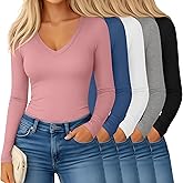 Yearntown 5 Pack Women's Long Sleeve V Neck Undershirts Slim Fit Basic Tee Shirts Ladies Stretchy Tight Layering Underscrubs