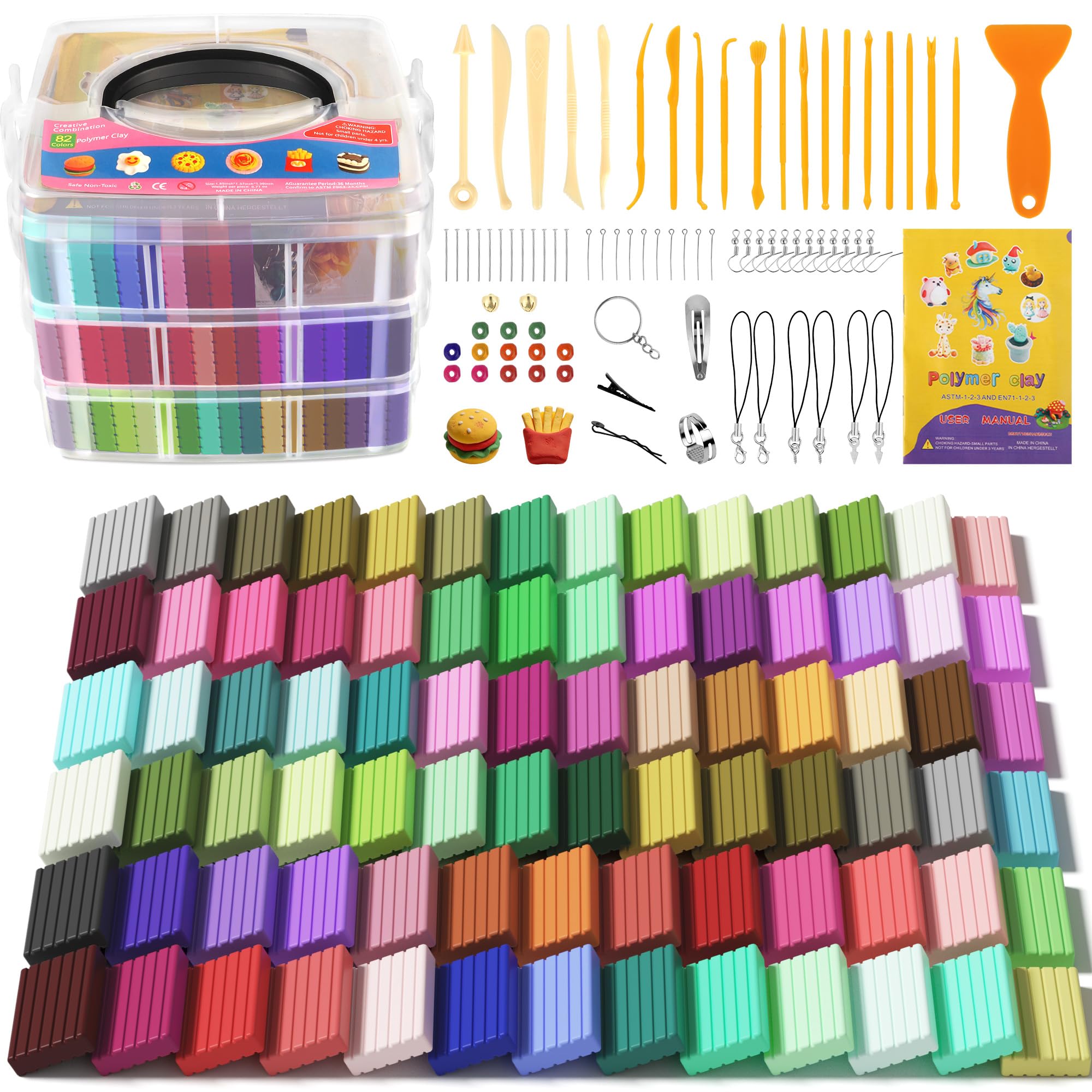 Polymer Clay 82 Colors, Modeling Clay for Kids, Non-Sticky Oven Bake Clay with Sculpting Tools and Accessories, Halloween Christmas Gift for Children and Artists Image