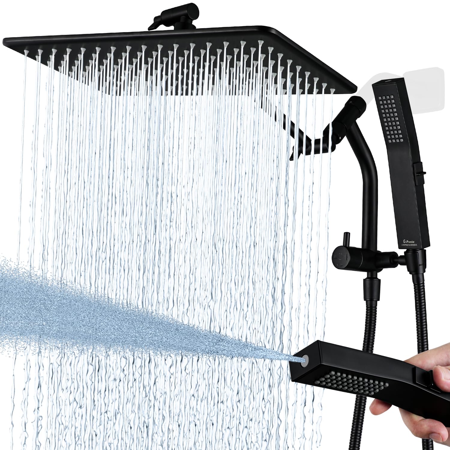Photo 1 of G-Promise All Metal 14 Inches Rain Shower Head with Handheld Built-in Power Wash Mode, 3-way Shower Diverter with Pause Setting, 11 Inches Adjustable Extension Arm, Long Hose (Matte Black, 14 Inches)
