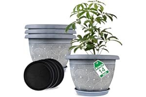 FODETYFF 14 Inch Large Planter Pot for Plants Indoor Outdoor, 4 Pack Plastic Flower Pots with Drainage Hole & Tray, Modern Decorative Garden Pot with Saucer, Plant Container for House