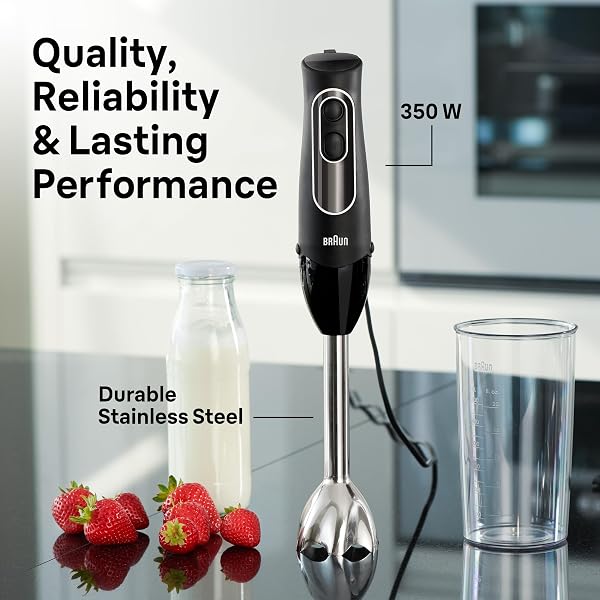 BRAUN MULTIQUICK 5 IMMERSION HAND BLENDER WITH DUAL SPEED + TURBO AND PATENTED TECHNOLOGY, 350W – INCLUDES BEAKER AND WHISK, BLACK, MQ505