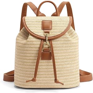 RNIEGA Straw Backpack for Women Summer Beach Bag Woven Drawstring Shoulder Bag Handbags for Travel Vacation
