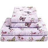 Softan Floral King Bed Sheets, Purple Paisley Flower Printed Sheet Set - Brushed Microfiber King Fitted Sheet with 15" Deep Pocket and Corner Straps, Butterfly Patterned Sheet & Pillowcase Sets