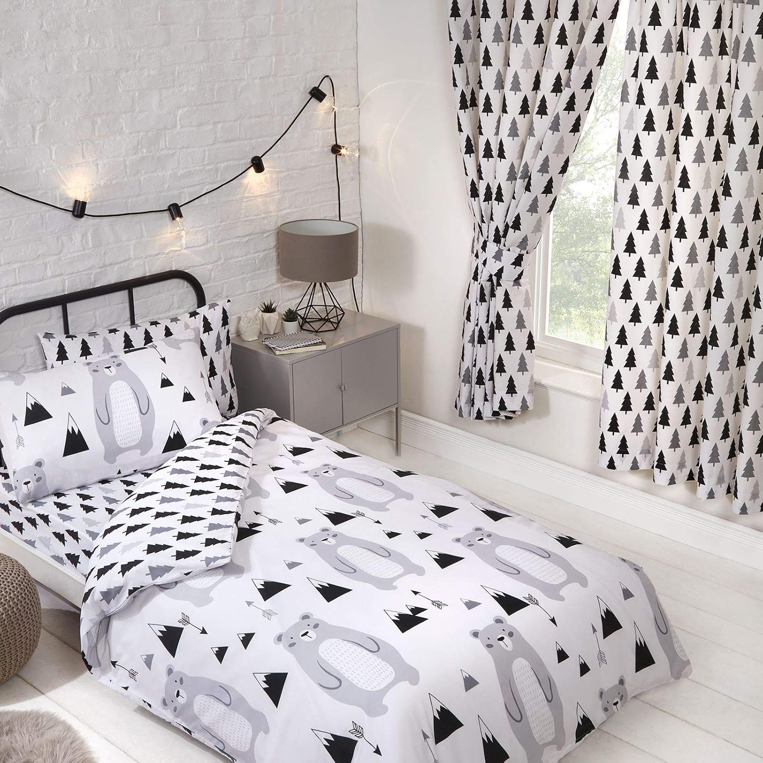 Scandi Bear Forest Bedroom Range Kids White/Grey/Black - Duvet Cover Set, Fitted Sheet Set & Curtains Available (54" Curtains) - Image 4