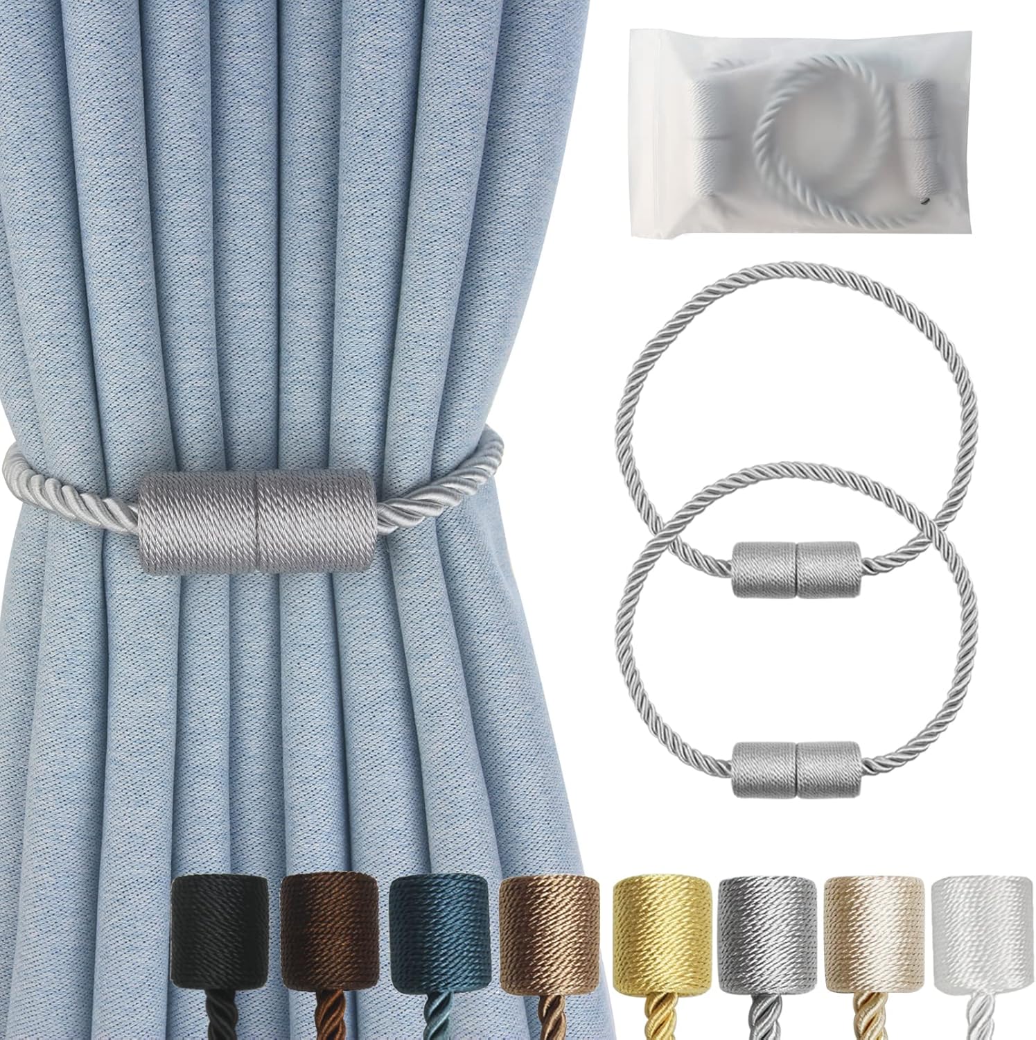 Window Treatment Hardware - Hangtty Magnetic Curtain Tiebacks 2 Pack Grey Curtain Rope Tieback Curtain Holders for Drapes Modern Tie Backs Decorative Curtain Holdbacks