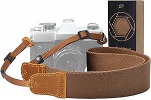 Padwa Lifestyle Brown Camera Strap - Double Layer Crazy Horse Cowhide End,1.5"Wide Pure Cotton Woven Camera Straps,Adjustable