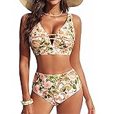 Hanna Nikole Womens High Waisted Bikini Sets Floral Print, 2 Piece Swimsuits Cutout, V Neck Bathing Suits Sexy Swimwear