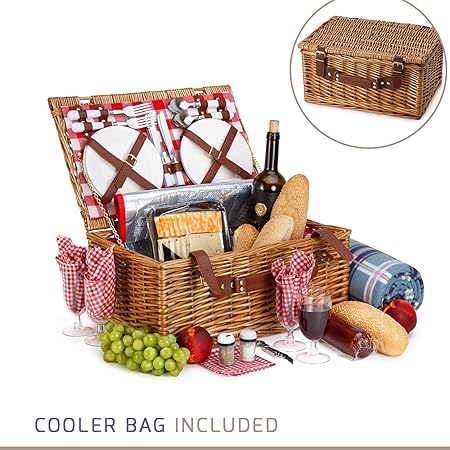 Picnic Basket for 4-29 Piece Kit Includes Wicker Basket with Stainless Steel Flatware, Ceramic Plates, Glasses, Linen Napkins and Blanket and More - by Vysta