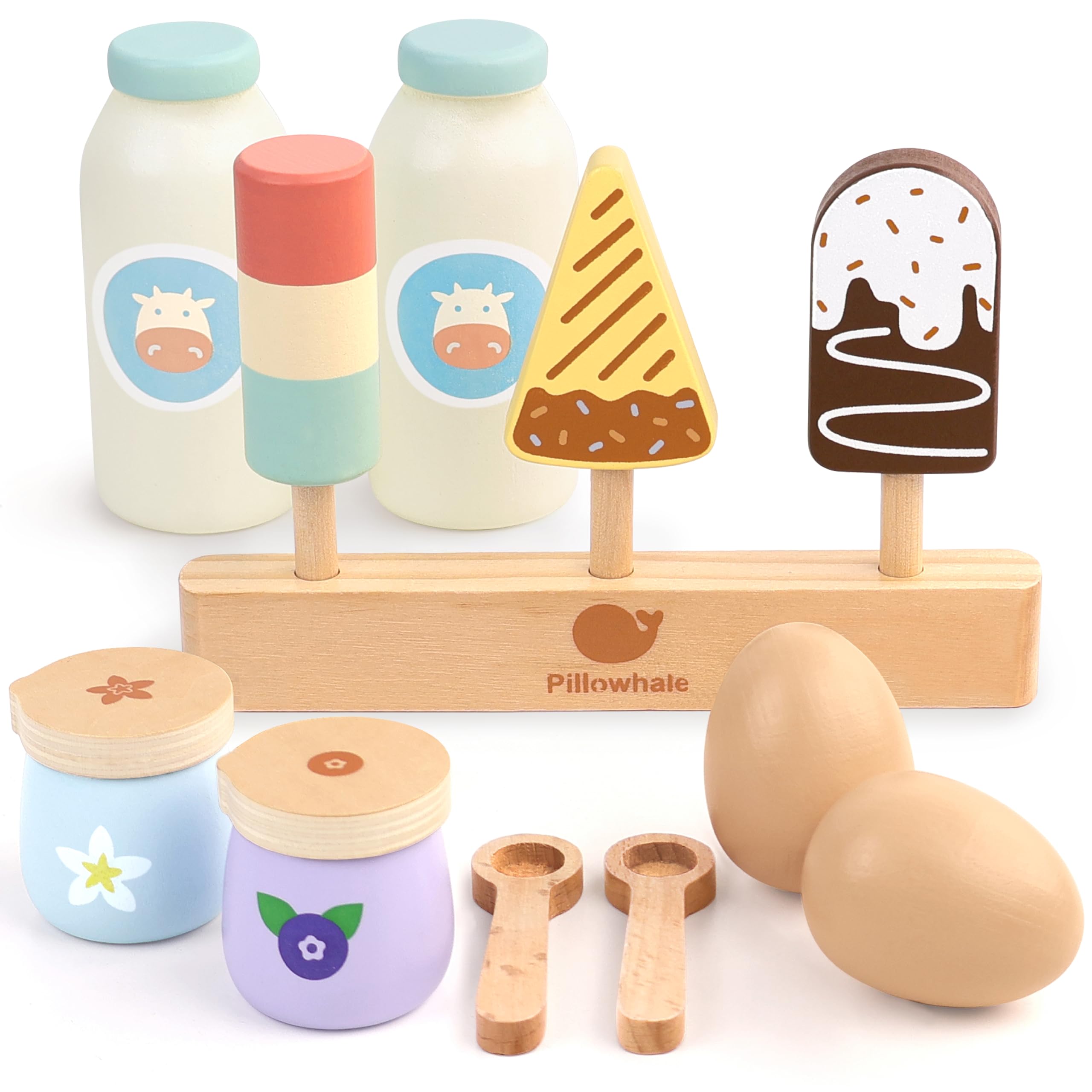 Pillowhale Wooden Food Toys for Kids Pretend Play Food Sets with Toy Ice Cream Set Wooden Breakfast Kitchen Accessories for Toddlers Role Play Educational Gifts for 3 4 5 Years Old Kids Boys Girls