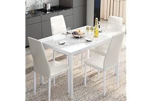 Lamerge Dining Table Set for 4, Marble Kitchen Table and Chairs for 4, Comfortable PU Leather Chairs,Dining RoomTable Set for Small Space,Living Room, Breakfast Nook,White+White