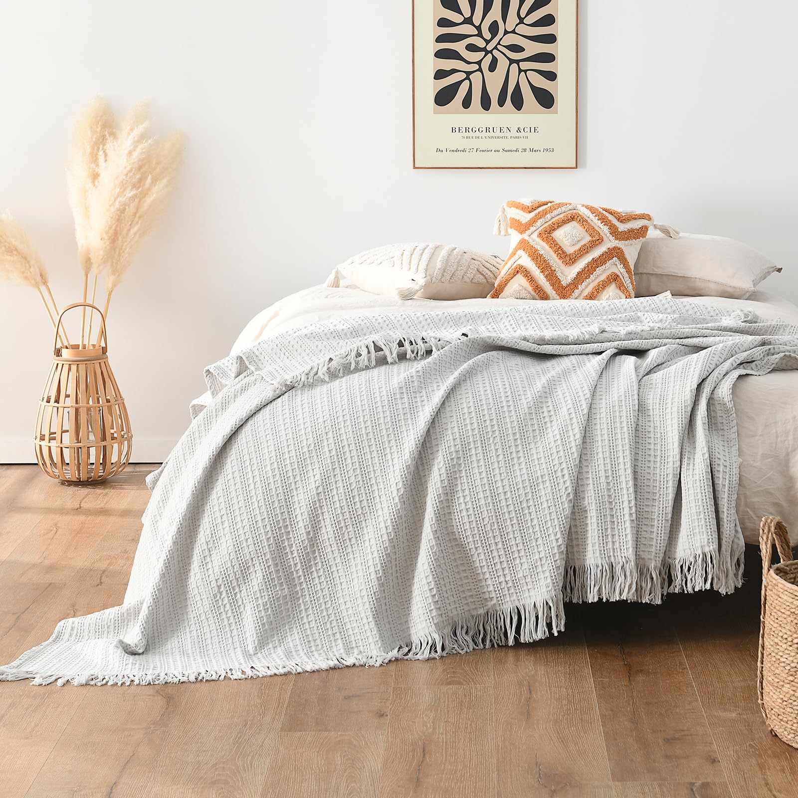 Photo 1 of 100% Cotton Waffle King Blanket with Fringe 104"x90", Pre-Washed Waffle Weave Blanket for All Season, Lightweight Breathable Soft Cozy Throw Blanket for Couch, Bed, Travel (Light Grey)