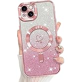 Bonoma Compatible with iPhone 15 Plus Case Support for MagSafe, Plating Heart Glitter Magnetic Case 2* Screen Protector TPU Camera Protection Back Cover for Girls Women -Pink