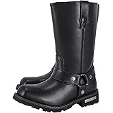 Dream Apparel Men's 12" Harness Motorcycle Riding Boots for Biker, Square Toe Knee High Boots with Full Length Side Zipper, Black PU Leather Mid Calf Footwear