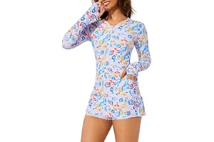 Cagola Long Sleeve Swimsuits for Women Rash Guard Swim Dress Modest Bathing Suit Swim Romper with Built in Bra and Pockets