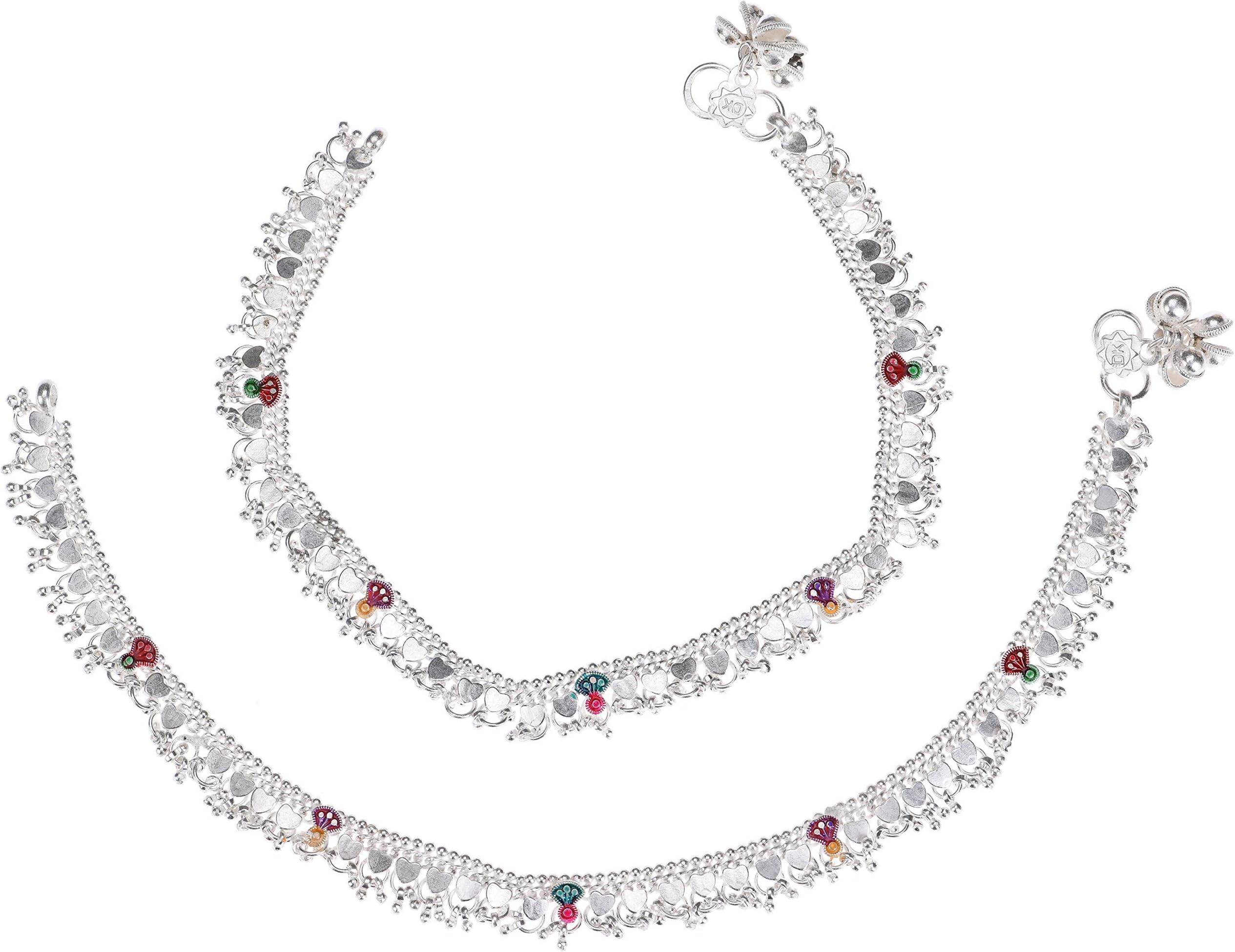 AanyaCentric Indian Traditional White Metal Anklets Payal Pair for Women Girls Fancy Collection with Silver Plating Attached Ghungroo Fashion Designer Barefoot Foot Jewellery