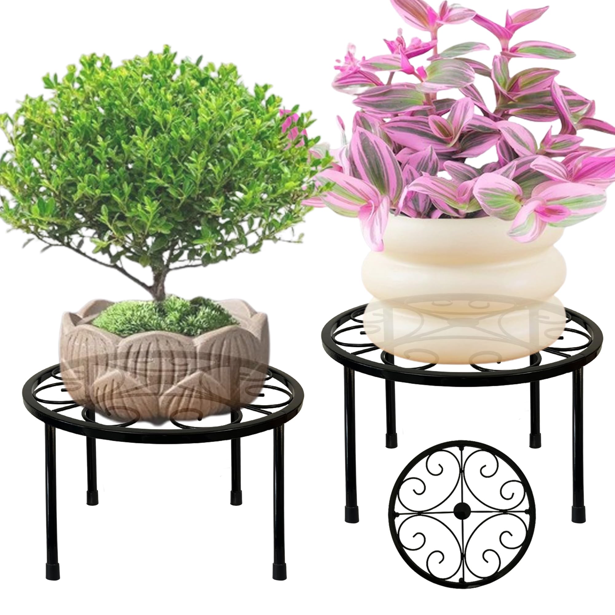 ZEECER Plant Stand Indoor Outdoor Set of 2, Retro Design 10'' Round Metal Plant Rack, Rust-proof Coated, Heavy Duty Flower Pot Stands for Patio Garden Home Decor