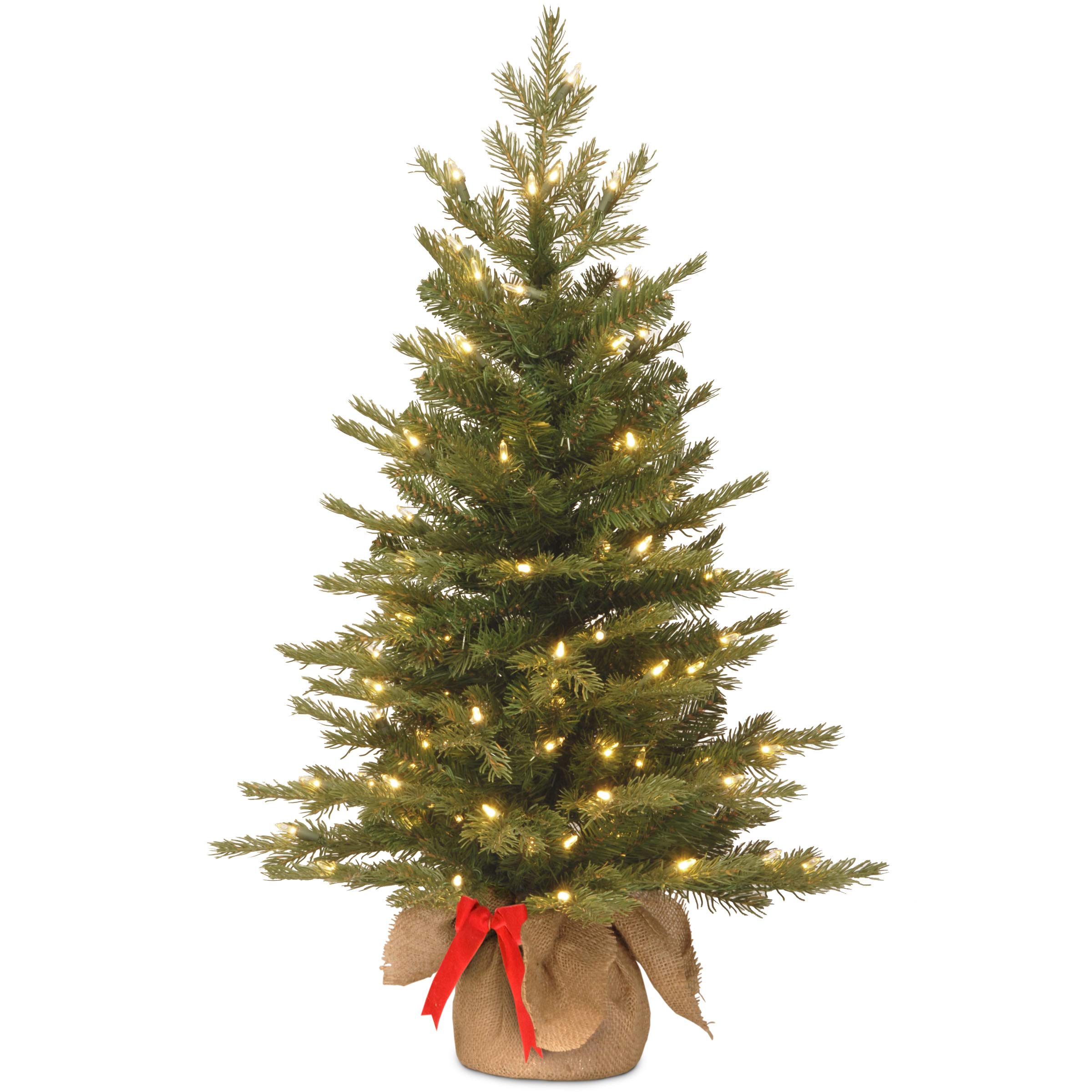 National Tree 3 Foot Feel Real Nordic Spruce Tree with 50 Warm White Battery Operated LED Lights with Timer in Burlap (PENS3-357-30-BS)